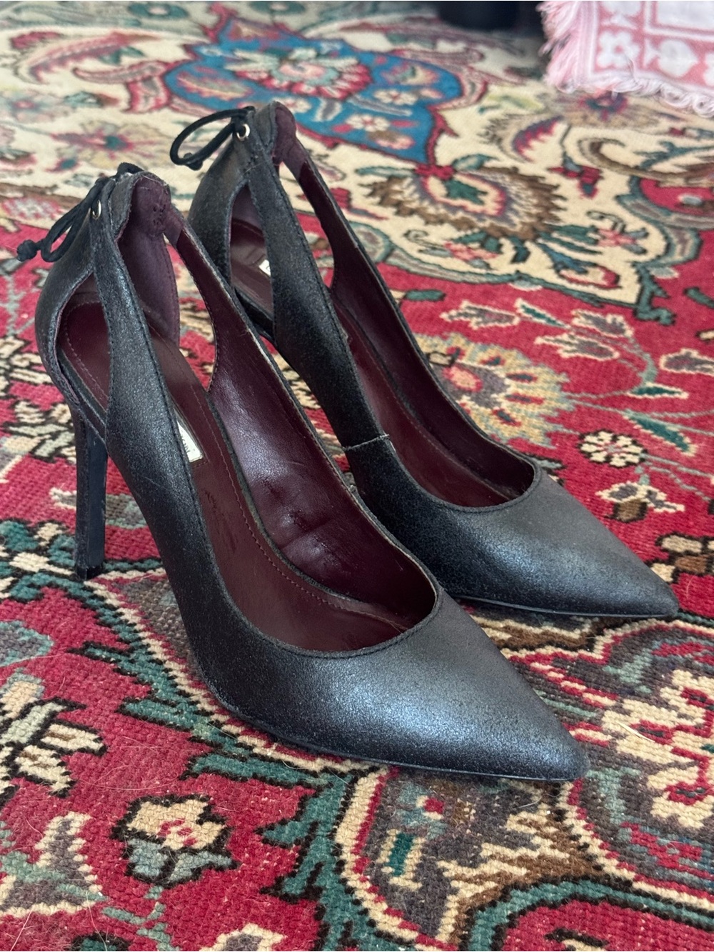 BCBGeneration Vintage Black Pointed Toe Stiletto Heels with Ankle Tie